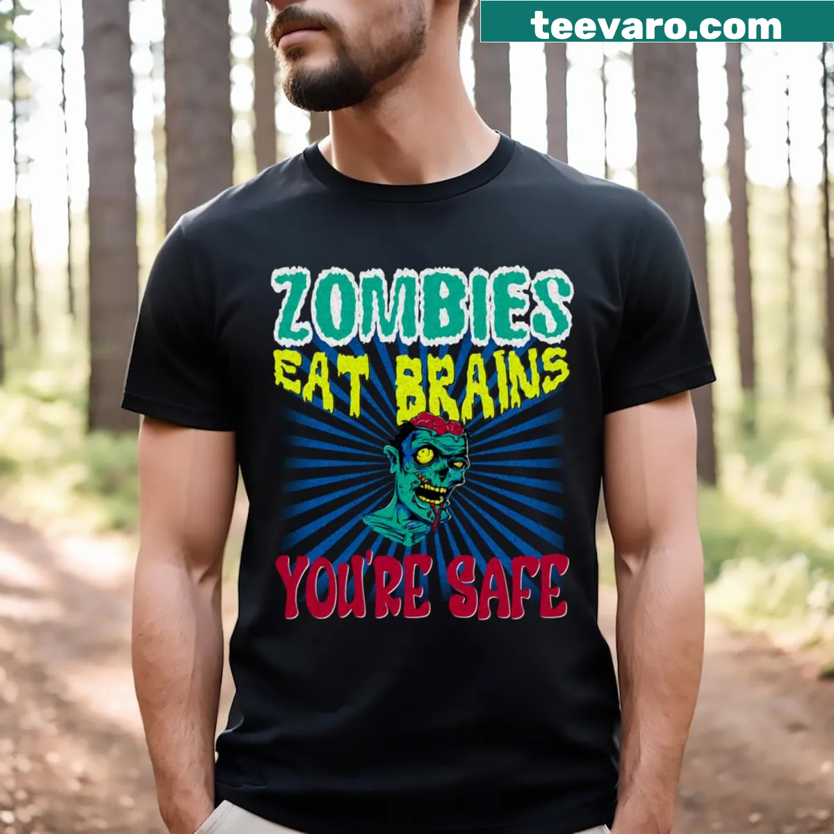 T-shirt with a humorous zombie graphic that says 'You're Safe' — on a men's t-shirt