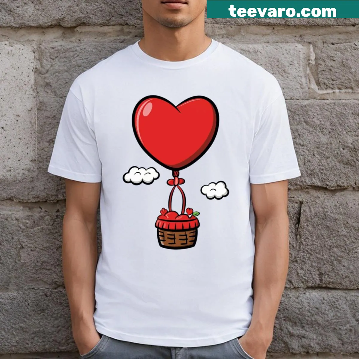 Funny Valentine t-shirt with heart balloon in blue sky — on a men's t-shirt