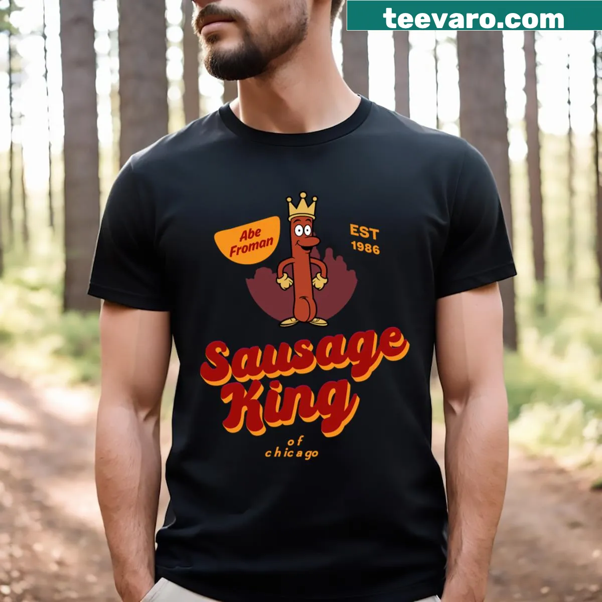 Vintage-style T-shirt with Abe Froman, Sausage King of Chicago text — on a men's t-shirt