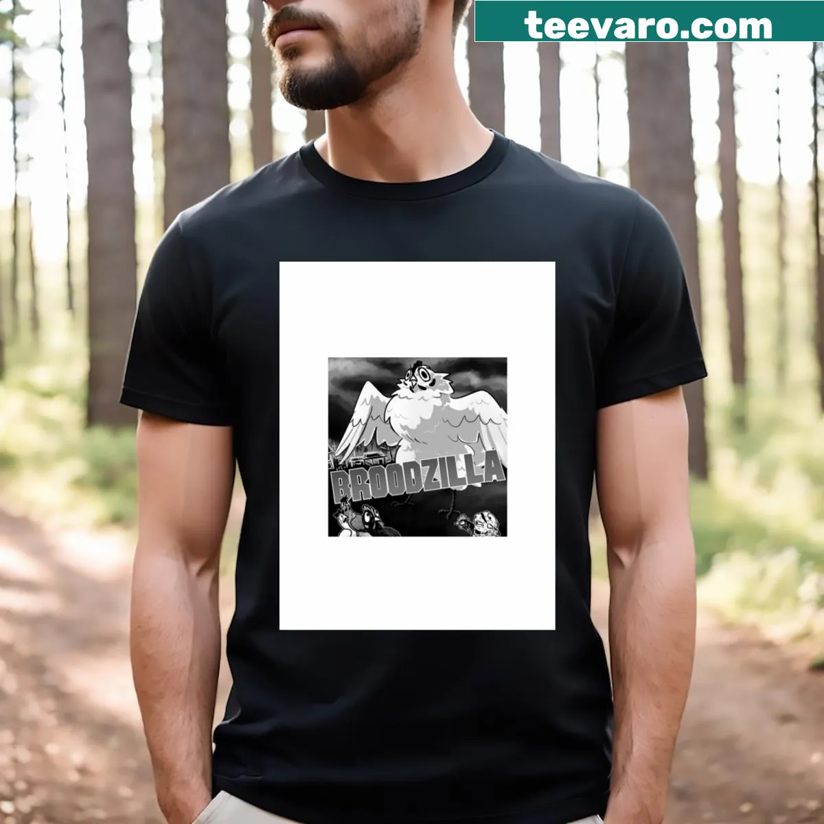 Funny graphic T-shirt featuring Bawktober and a whimsical creature — on a men's t-shirt
