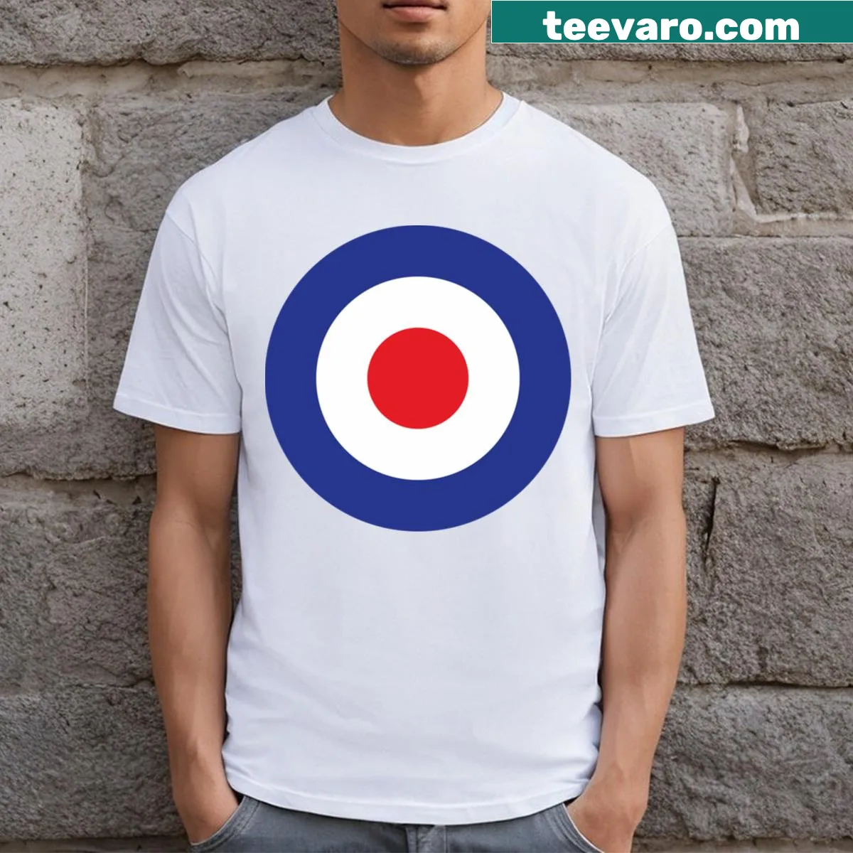 Roundel emblem design reflecting British Mod culture on a T-shirt — on a men's t-shirt