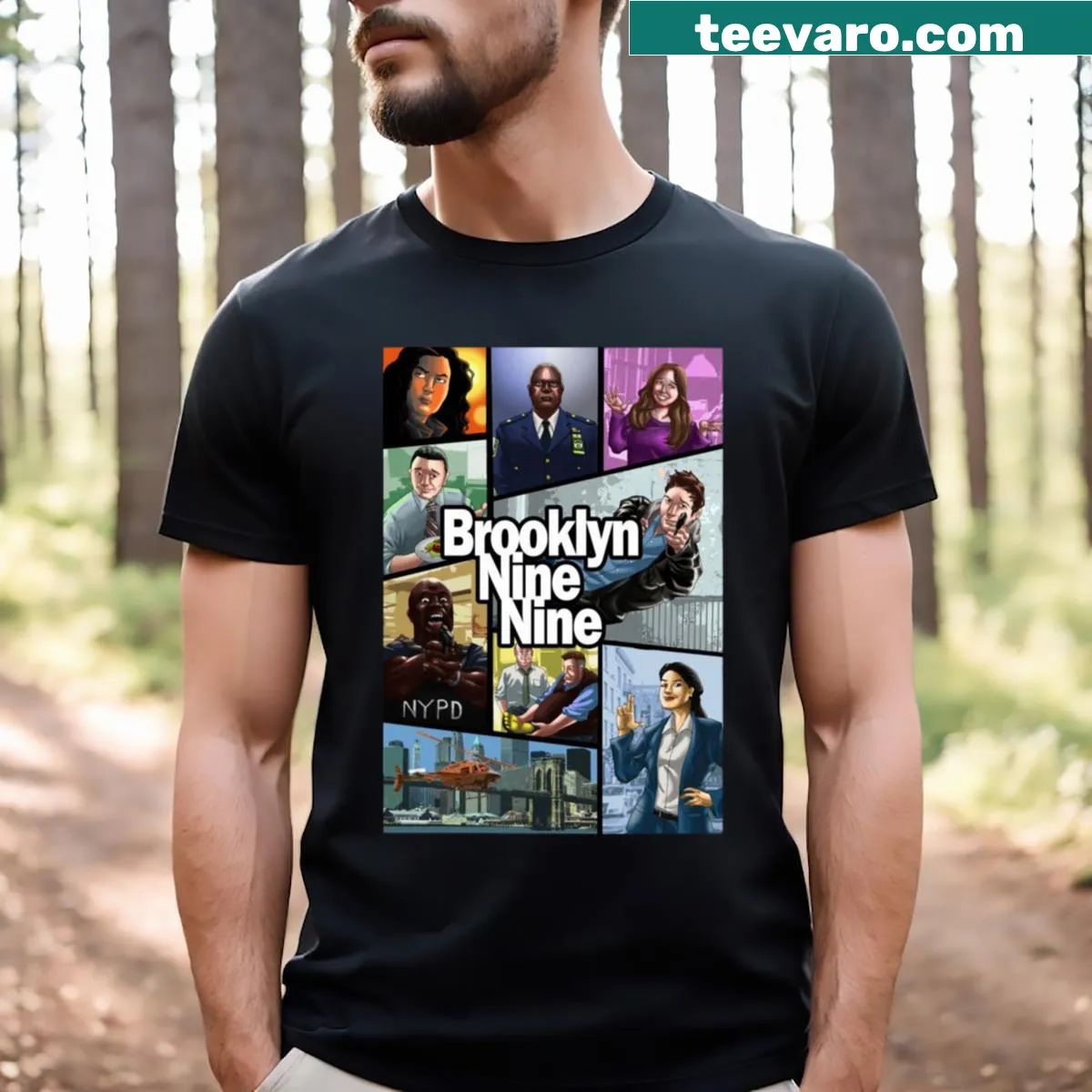 Illustrative t-shirt featuring Brooklyn Nine-Nine cartoon art — on a men's t-shirt