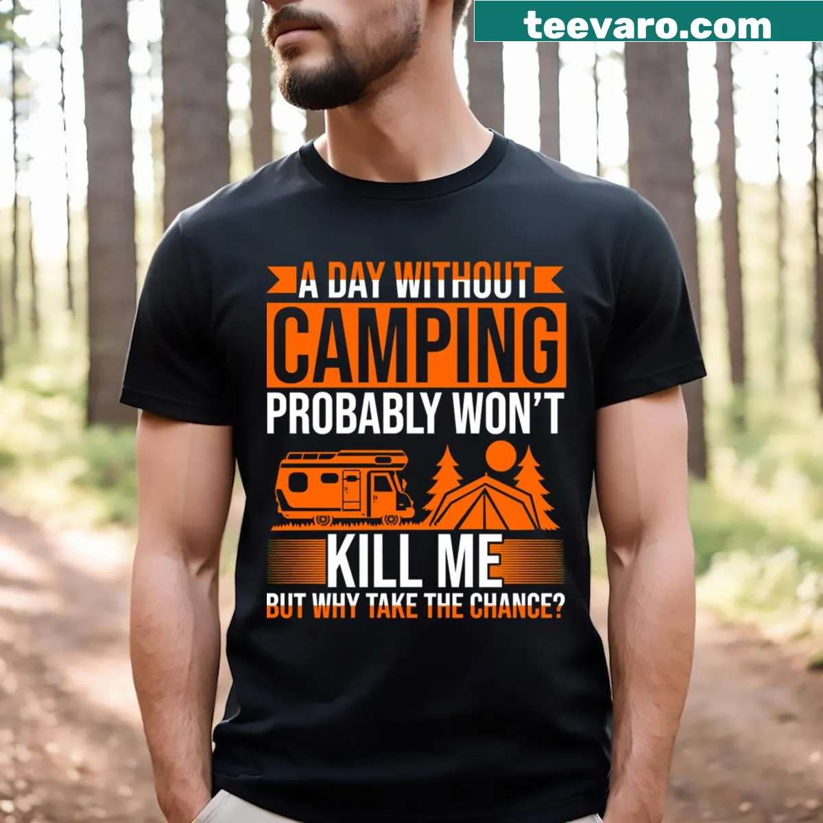 Funny camping t-shirt with adventure saying — on a men's t-shirt