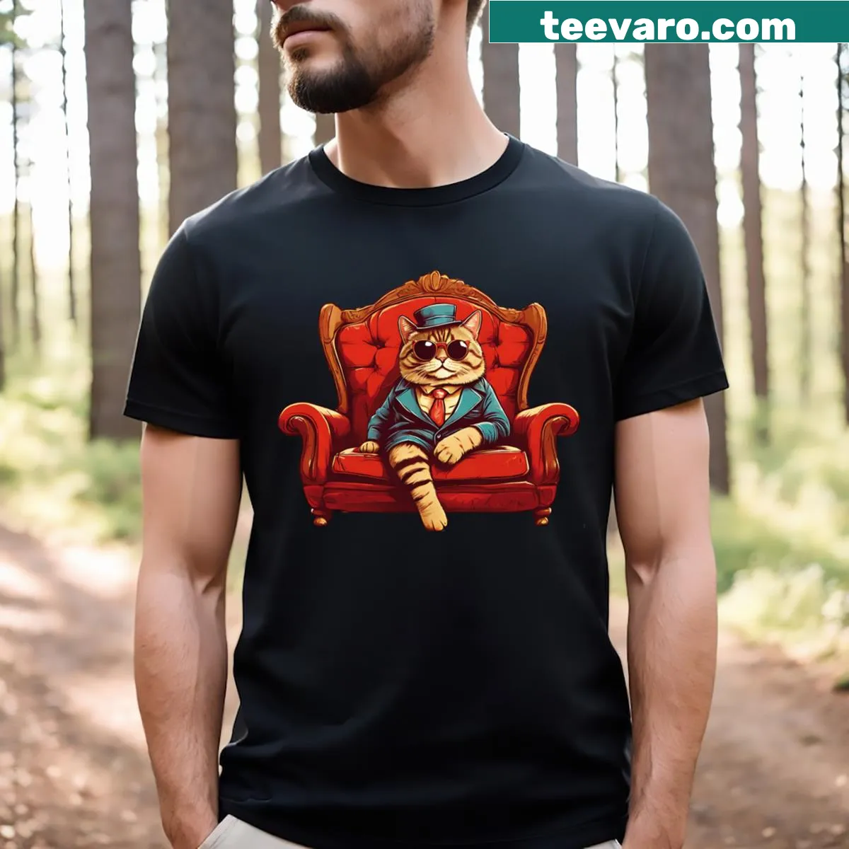 T-shirt with illustration of a cat sitting on a sofa — on a men's t-shirt