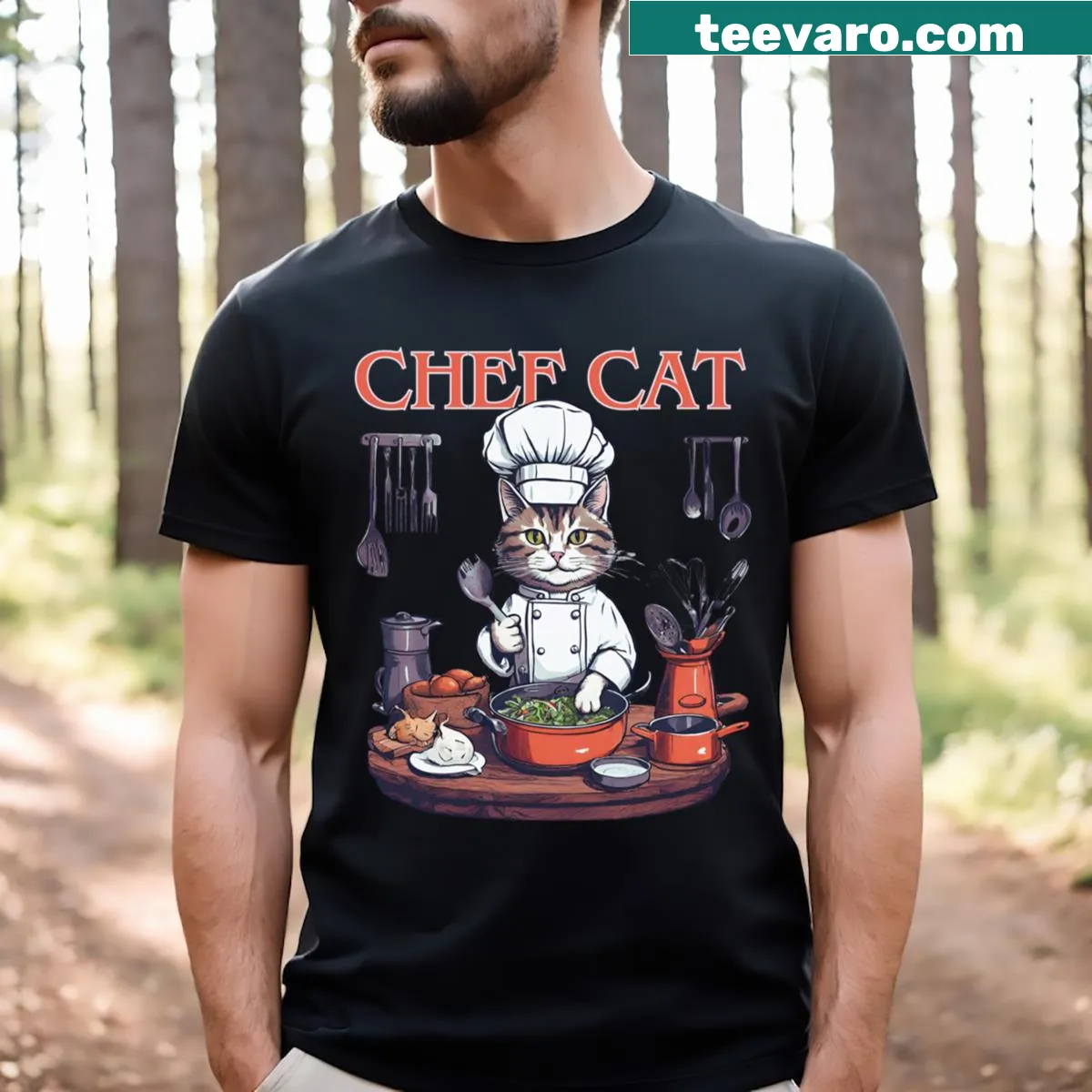 Adorable chef cat graphic T-shirt for cat lovers. — on a men's t-shirt