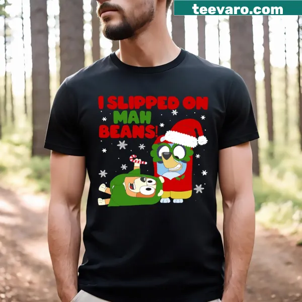 Whimsical Christmas graphic T-shirt about slipping on beans.