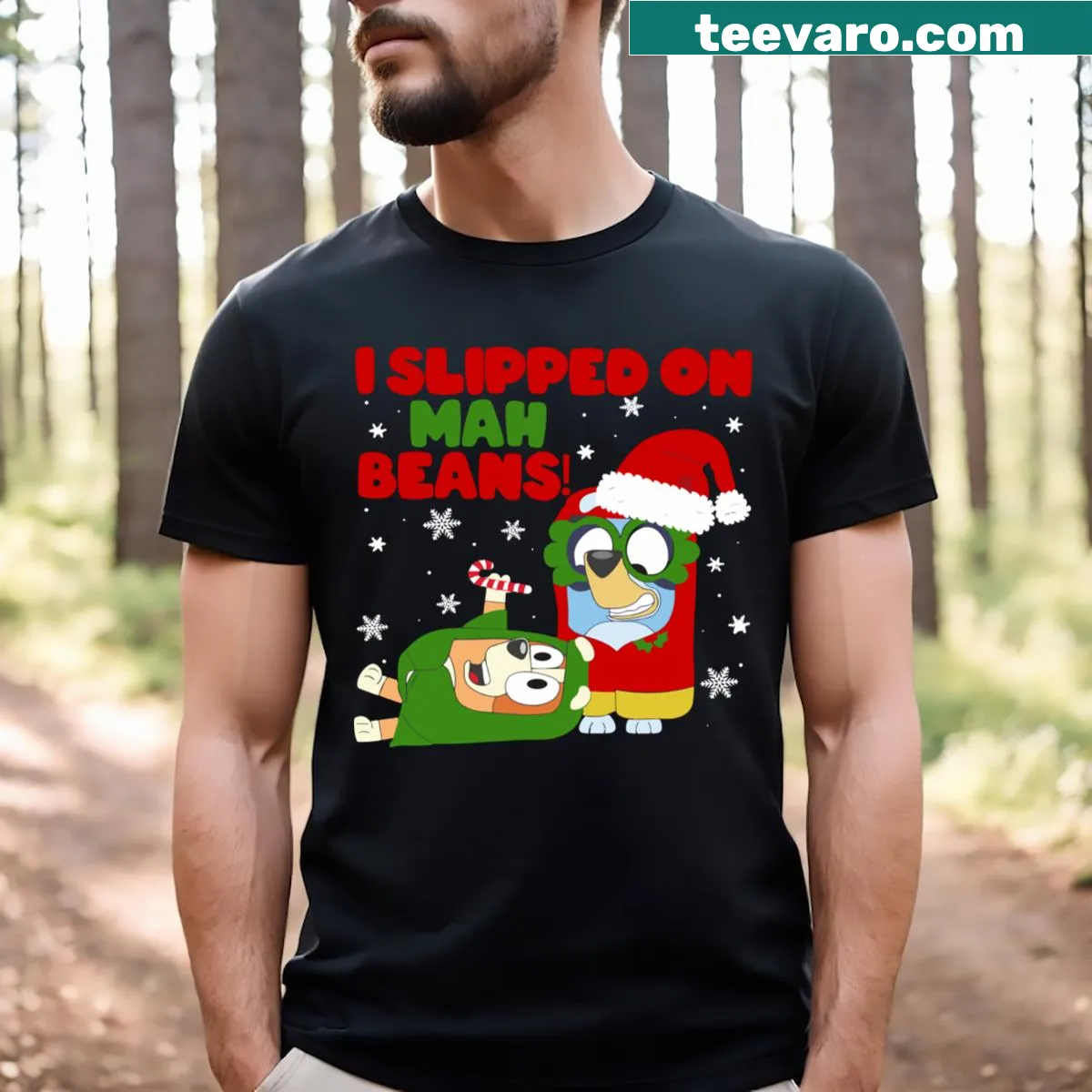 Whimsical Christmas graphic T-shirt about slipping on beans. — on a men's t-shirt