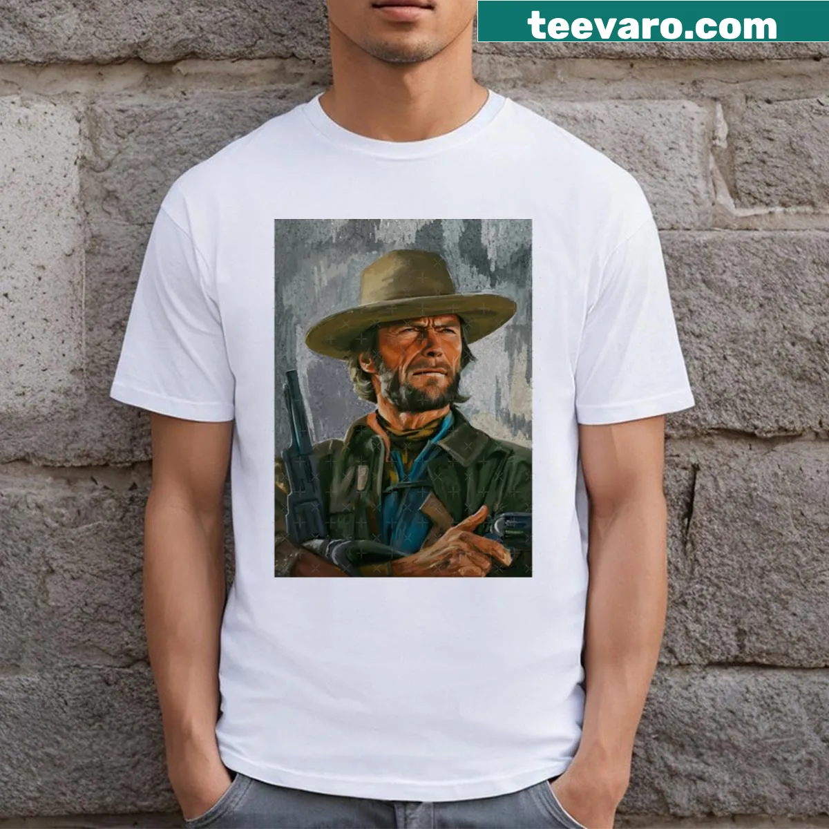 Hand-drawn illustration of Clint Eastwood on a T-shirt — on a men's t-shirt