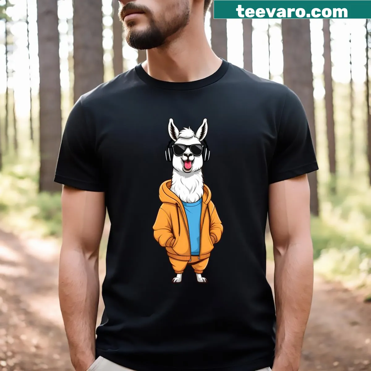 Funny cartoon llama graphic on essential T-shirt — on a men's t-shirt