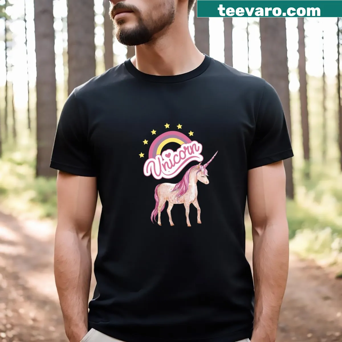 Cute unicorn and rainbow art t-shirt for kids — on a men's t-shirt