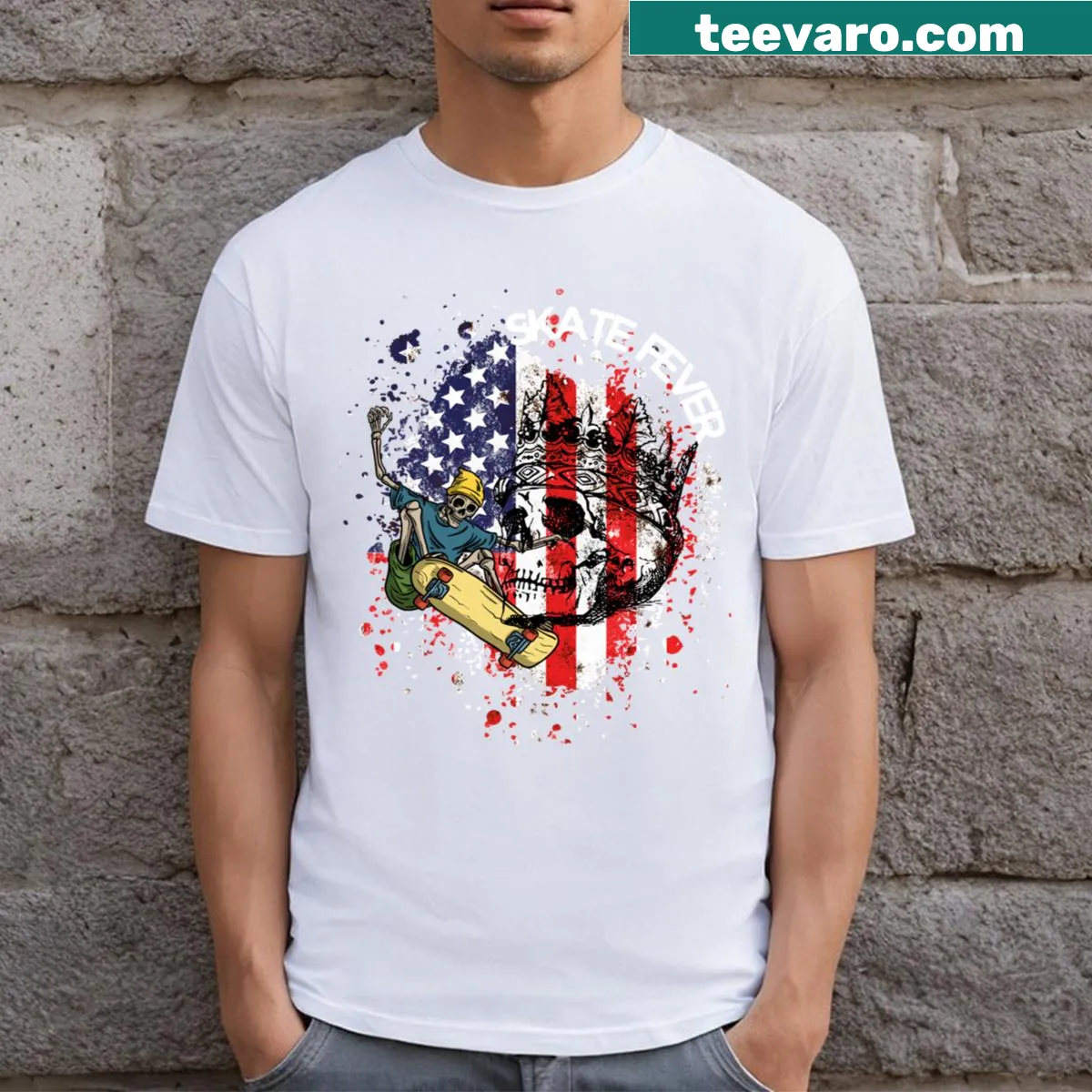 Funny T-shirt with a dabbing skate skeleton graphic — on a men's t-shirt