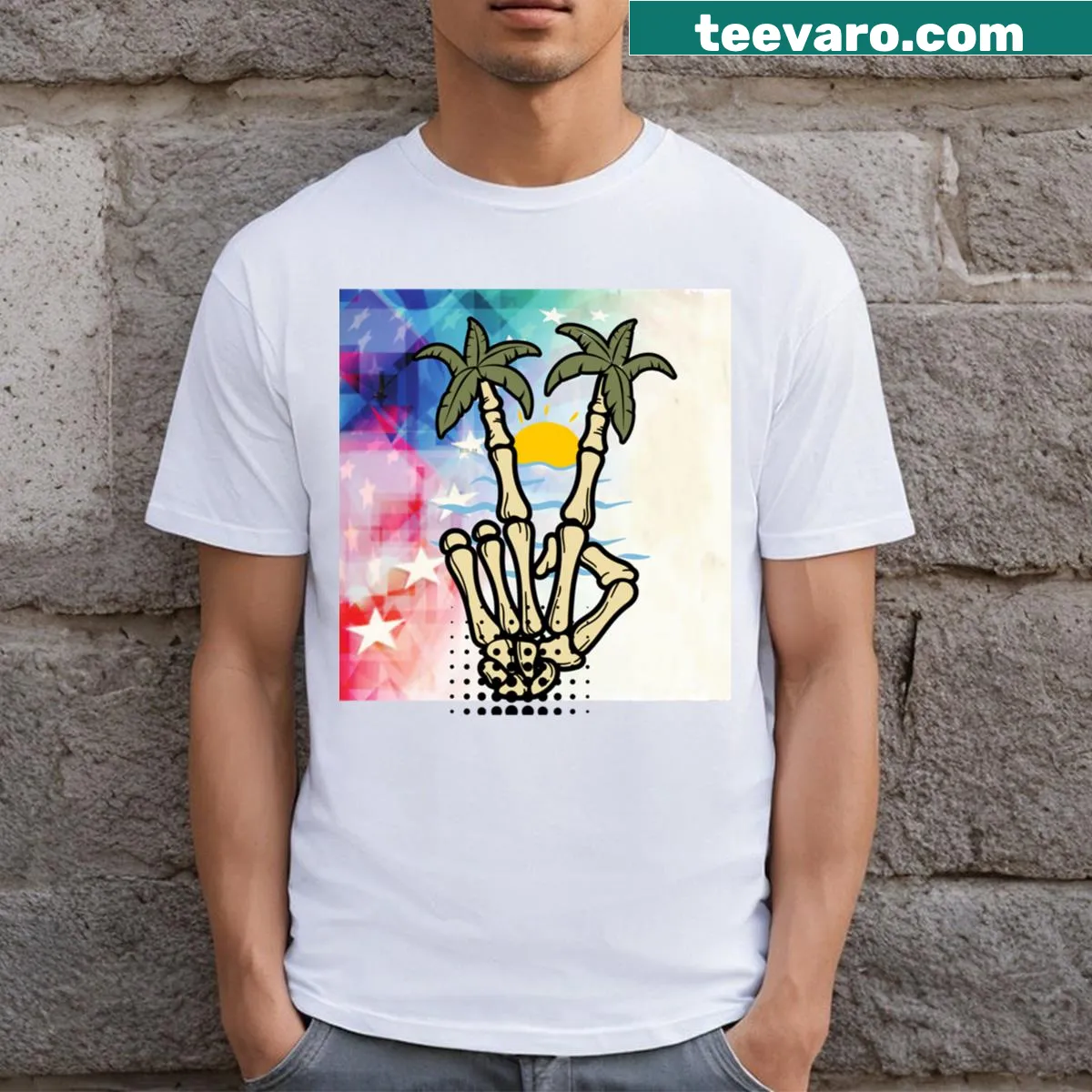 Funny T-shirt featuring dabbing skate skeleton — on a men's t-shirt