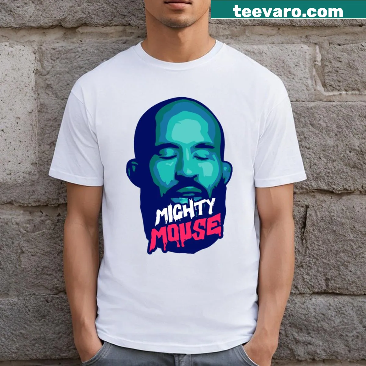 Illustrated Demetrious Johnson 'Mighty Mouse' graphic t-shirt for MMA fans — on a men's t-shirt