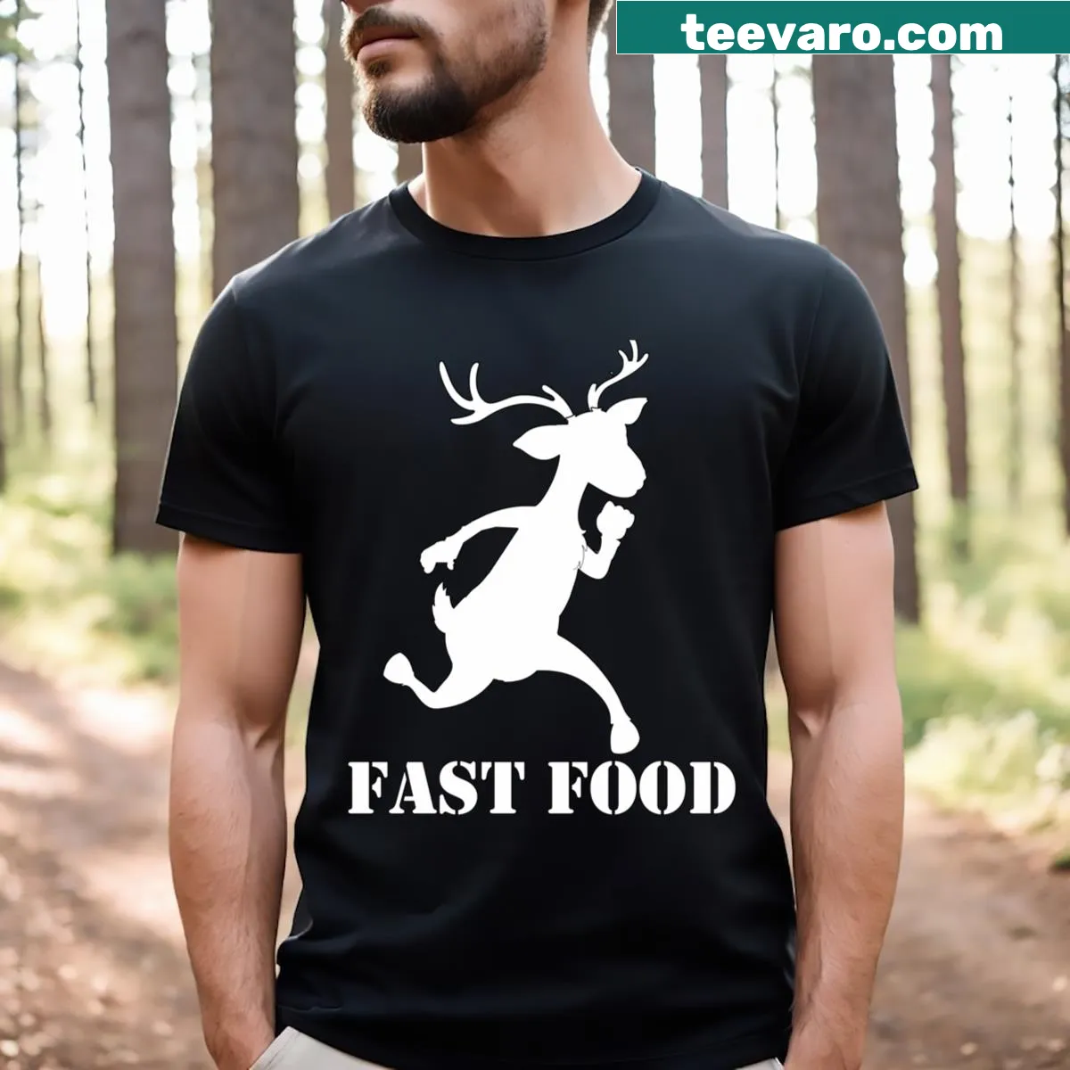 Humorous hunting t-shirt with 'Eat More Fast Food' slogan — on a men's t-shirt
