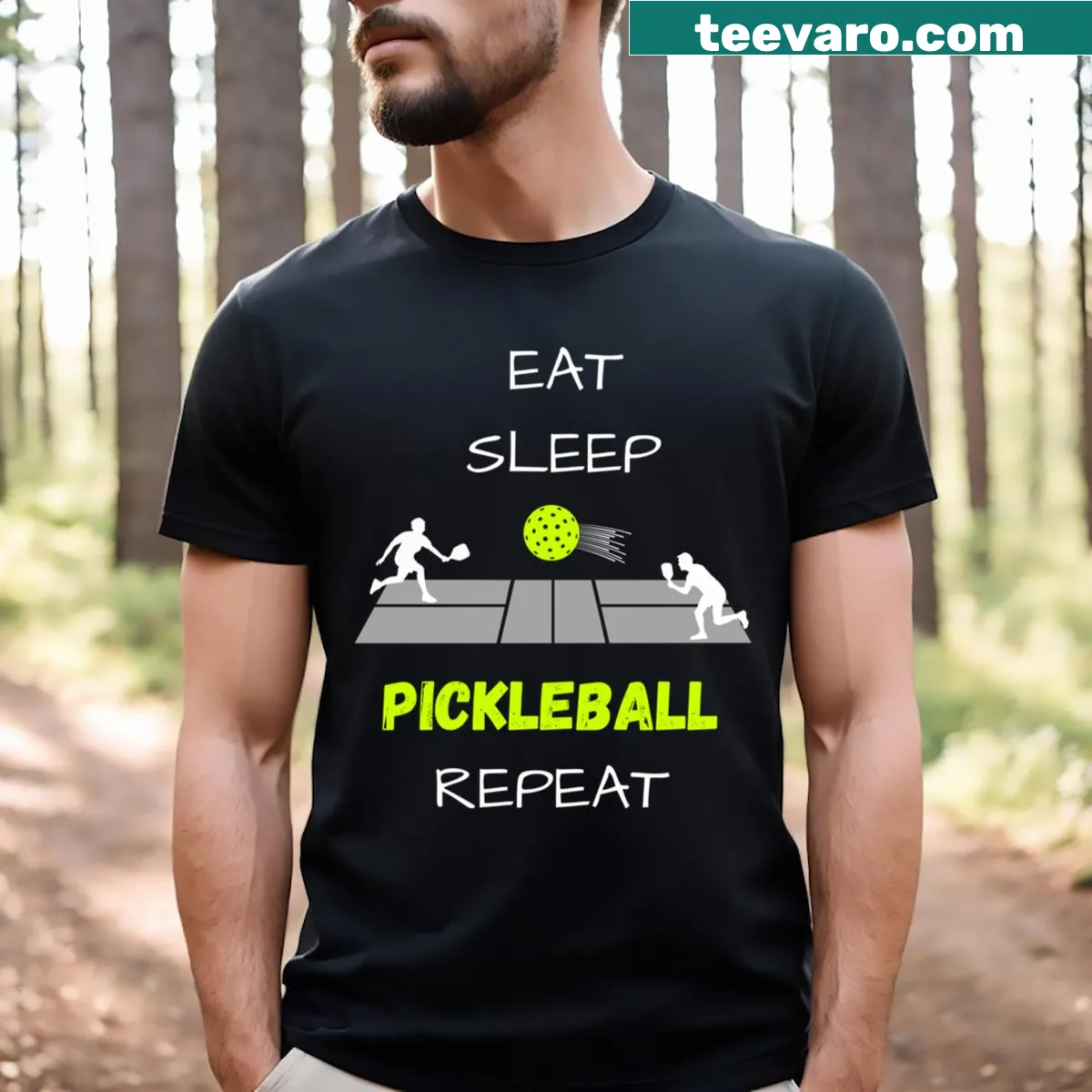 Eat Sleep Pickleball Repeat graphic T-shirt — on a men's t-shirt