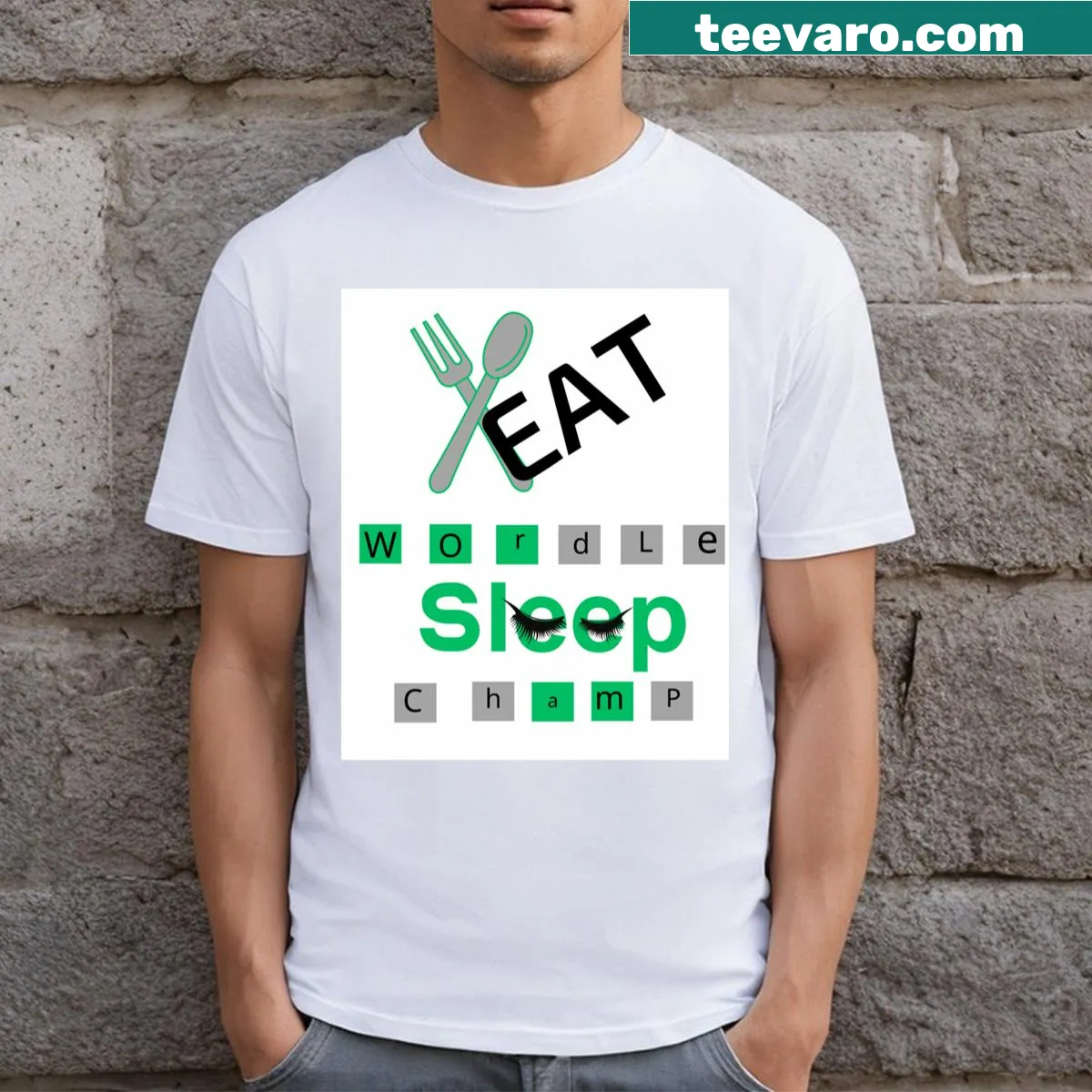 T-shirt featuring 'Eat Sleep Wordle Repeat' slogan in typography — on a men's t-shirt