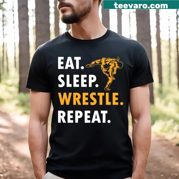 T-shirt with 'Eat Sleep Wrestle Repeat' slogan for wrestlers