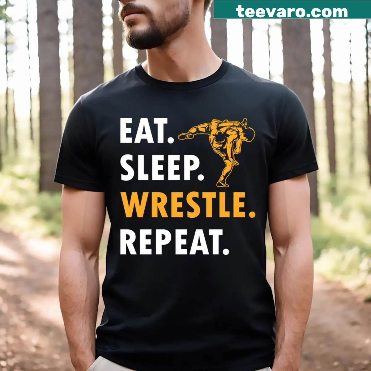 T-shirt with 'Eat Sleep Wrestle Repeat' slogan for wrestlers — on a men's t-shirt