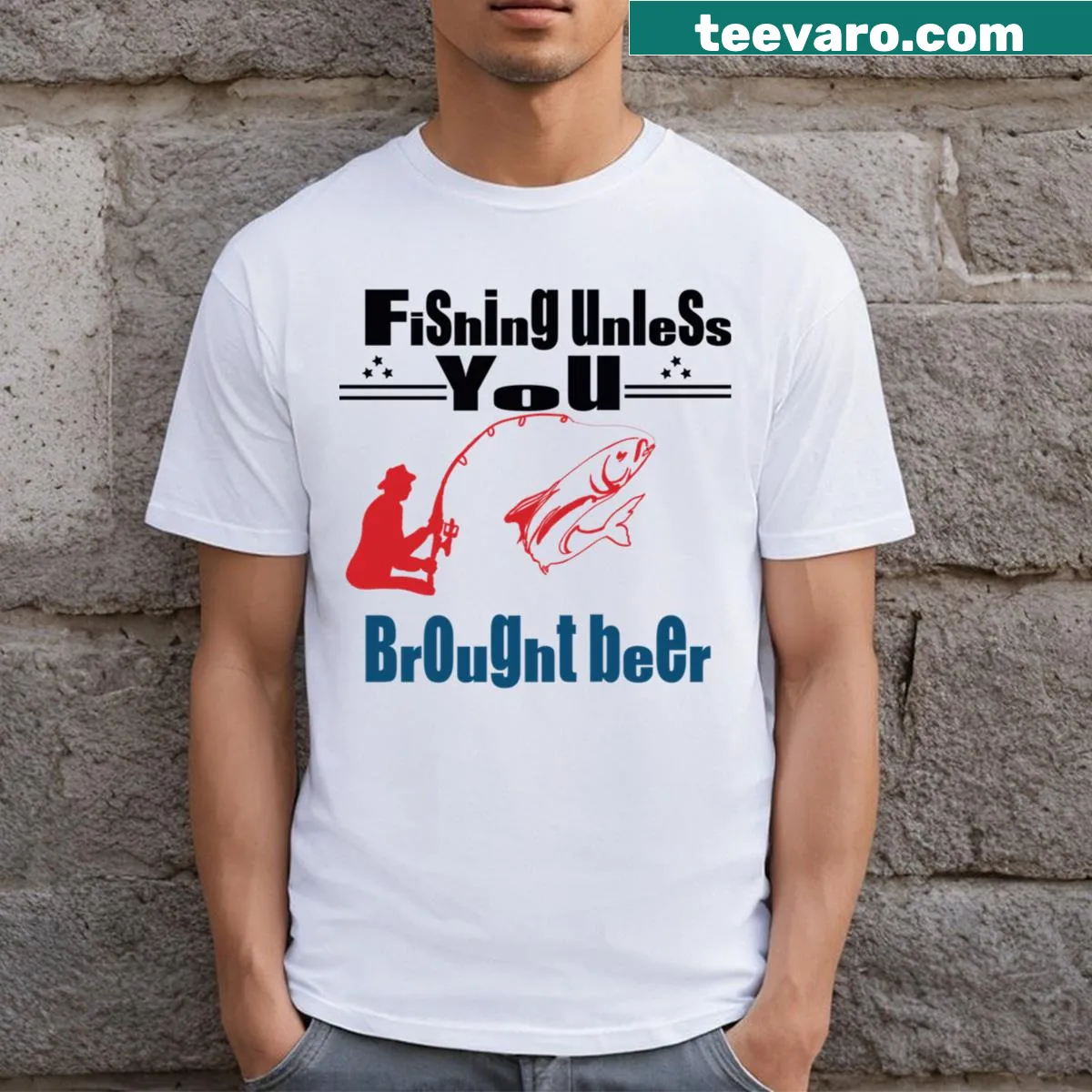 Funny fishing t-shirt with the quote about fishing and beer — on a men's t-shirt