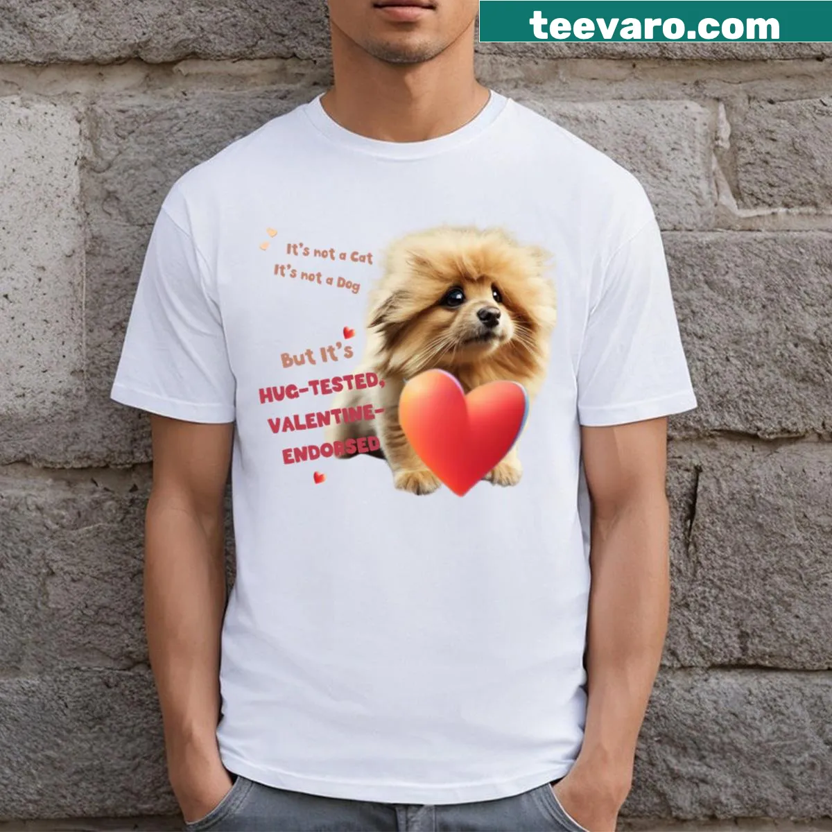 Cute Valentine T-shirt with humor for cat and dog lovers — on a men's t-shirt