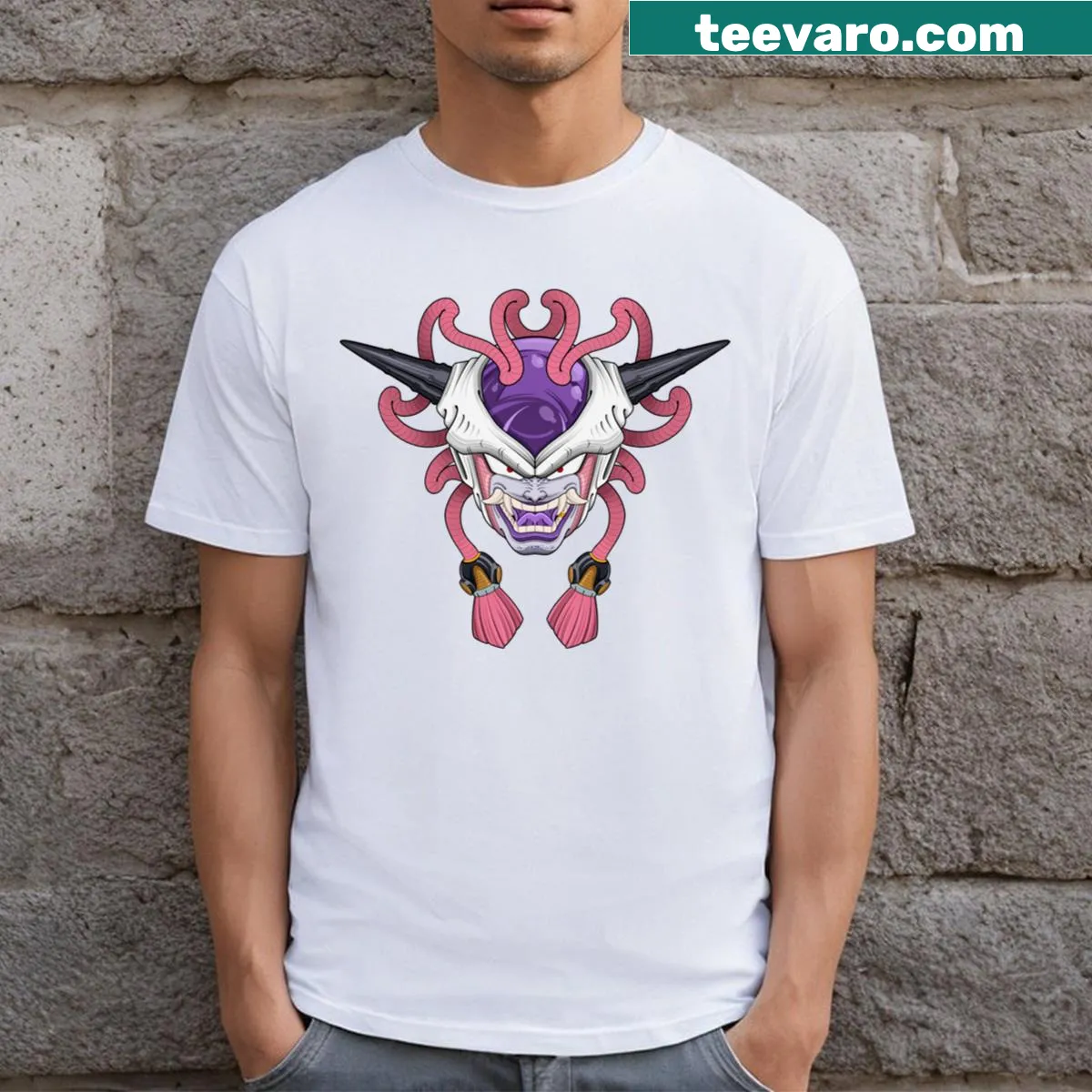 Frieza and Hannya mask graphic T-shirt — on a men's t-shirt