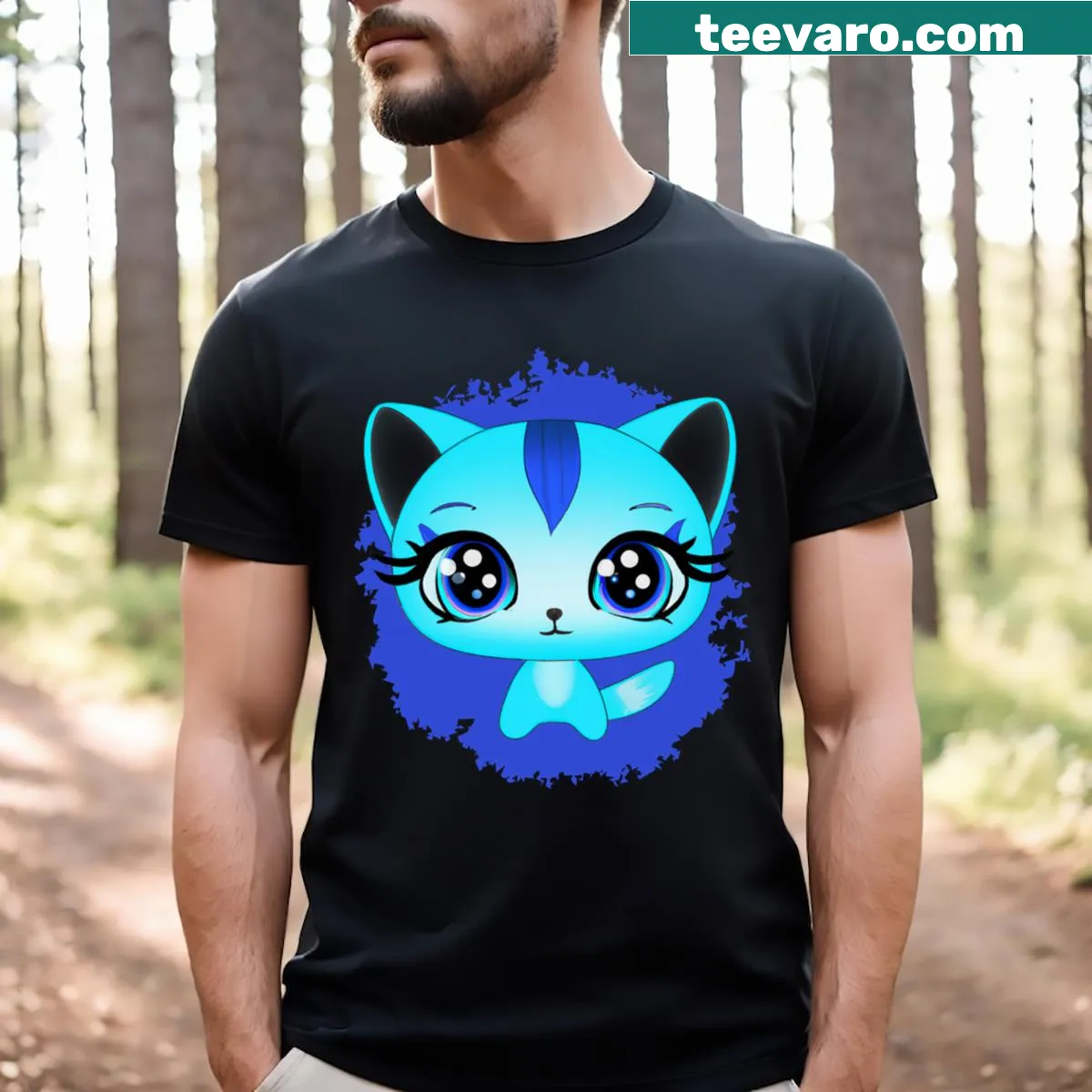 Cartoon kitten graphic on T-shirt with blue background — on a men's t-shirt