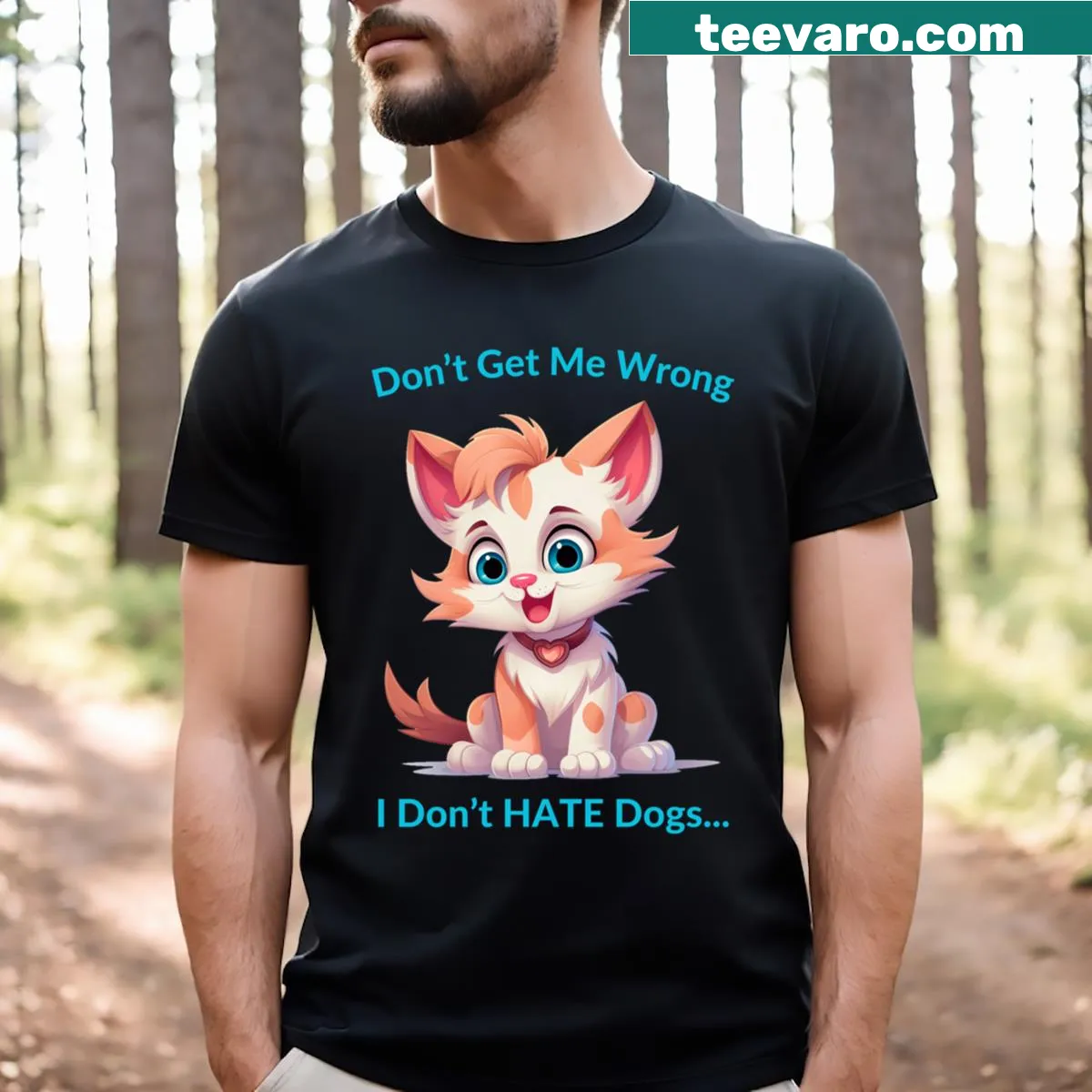 Funny t-shirt with a ginger cat graphic and text about dogs — on a men's t-shirt