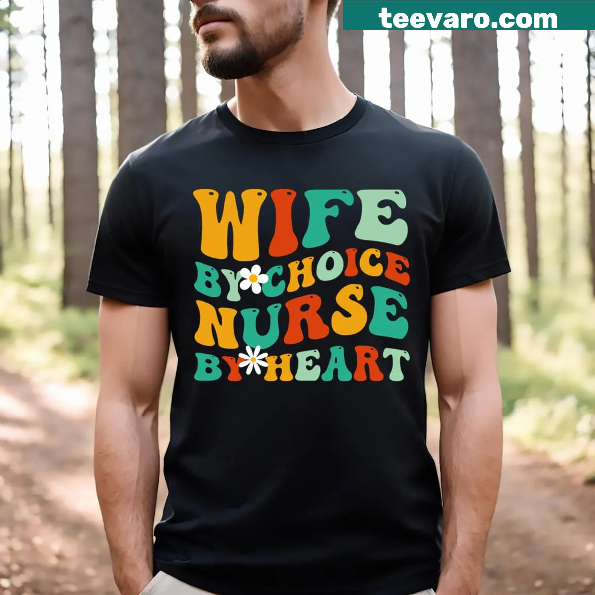 Playful 'Groovy Nurse Wife' quote on a casual T-shirt — on a men's t-shirt