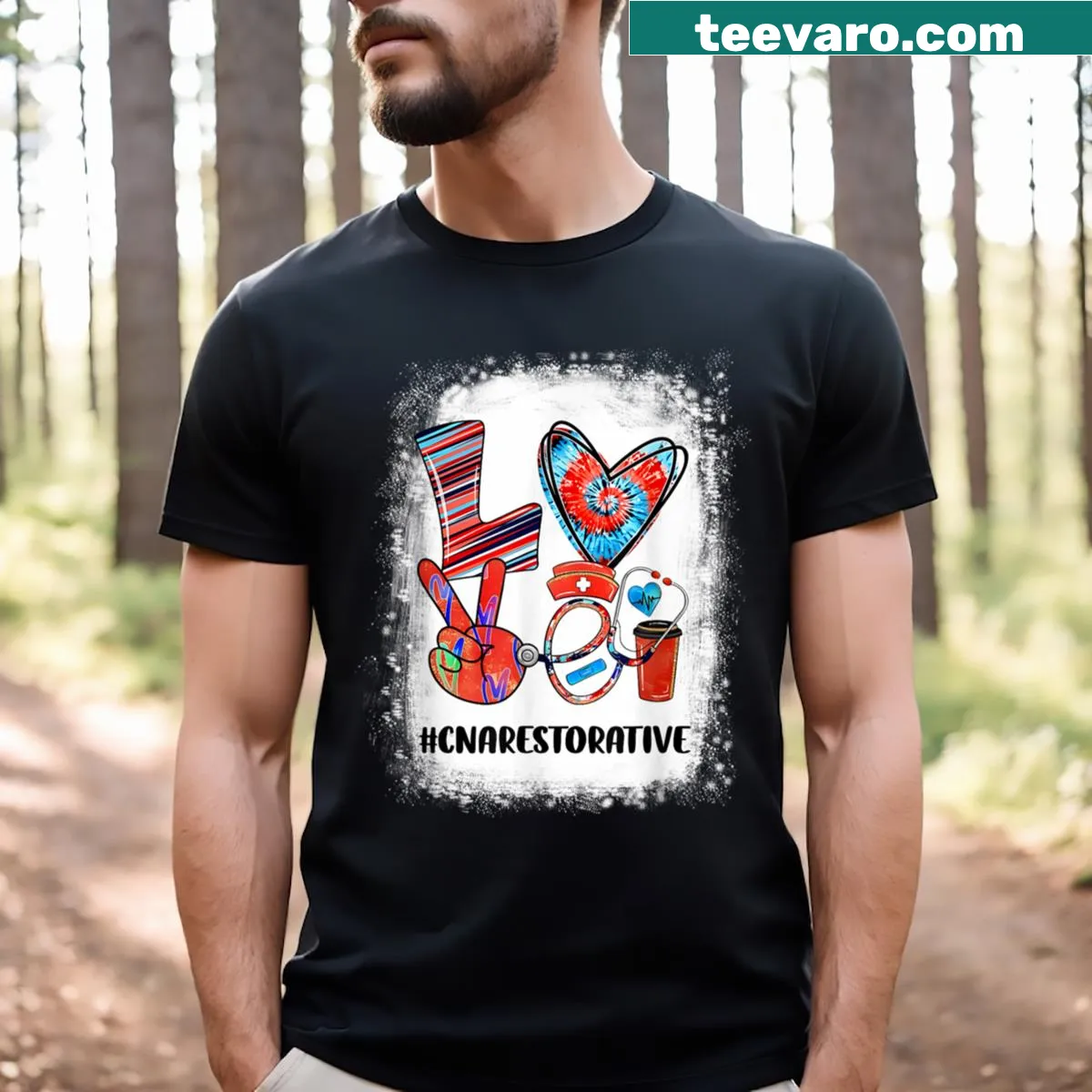 Tie dye t-shirt featuring a stethoscope and love message for nurses — on a men's t-shirt
