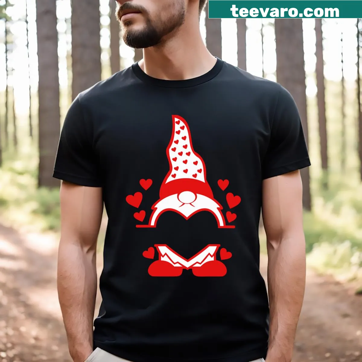 Cute T-shirt featuring whimsical gnomes for Valentine's Day. — on a men's t-shirt