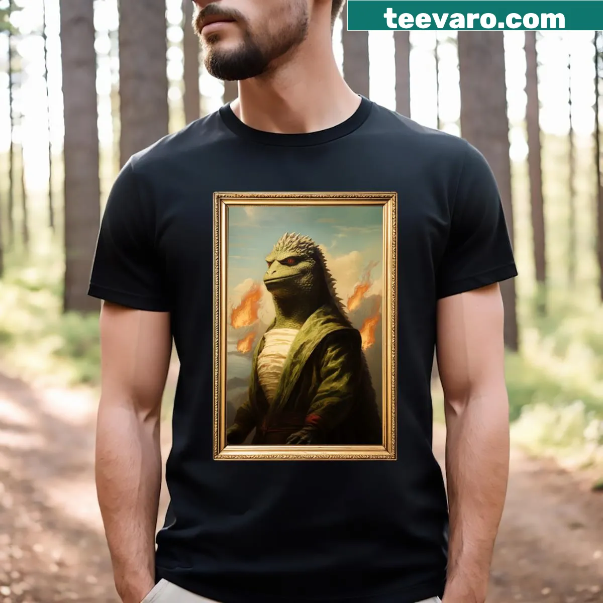 Godzilla illustrated as Mona Lisa in classic painting style — on a men's t-shirt