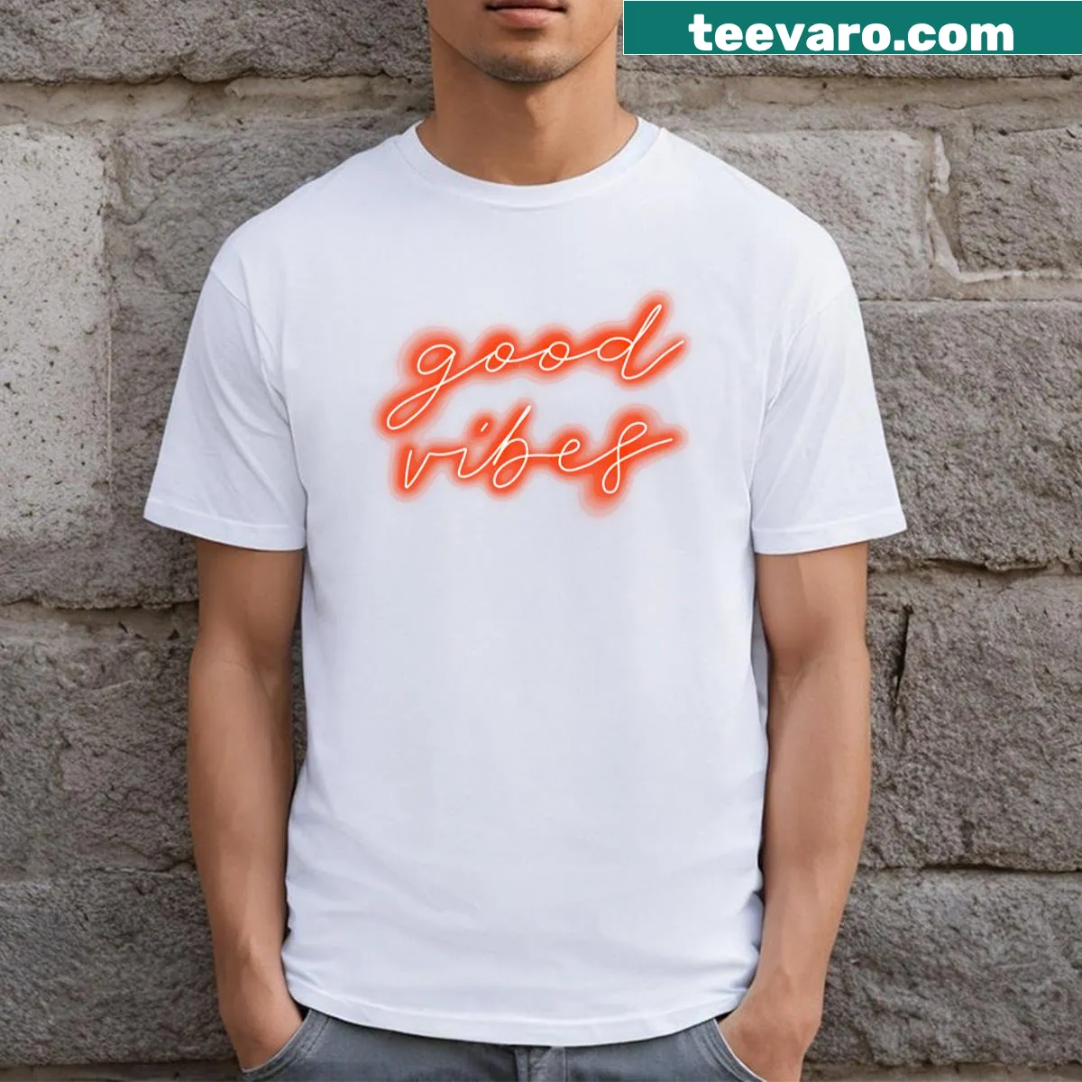 T-shirt featuring 'Good Vibes' text in bold typography — on a men's t-shirt
