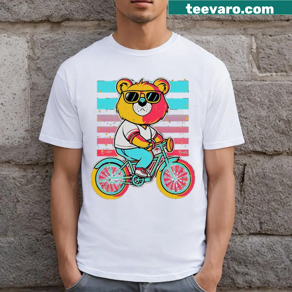 Pop art bear riding a bicycle in a fun design — on a men's t-shirt