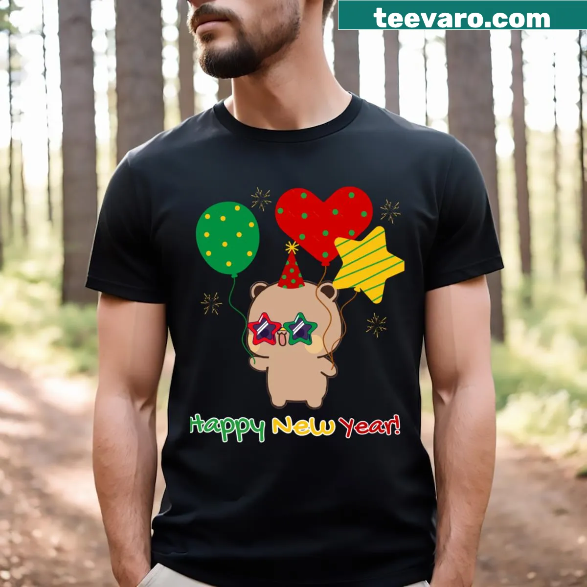 Cute illustration of Dudu Bear sending New Year wishes to Bubu — on a men's t-shirt
