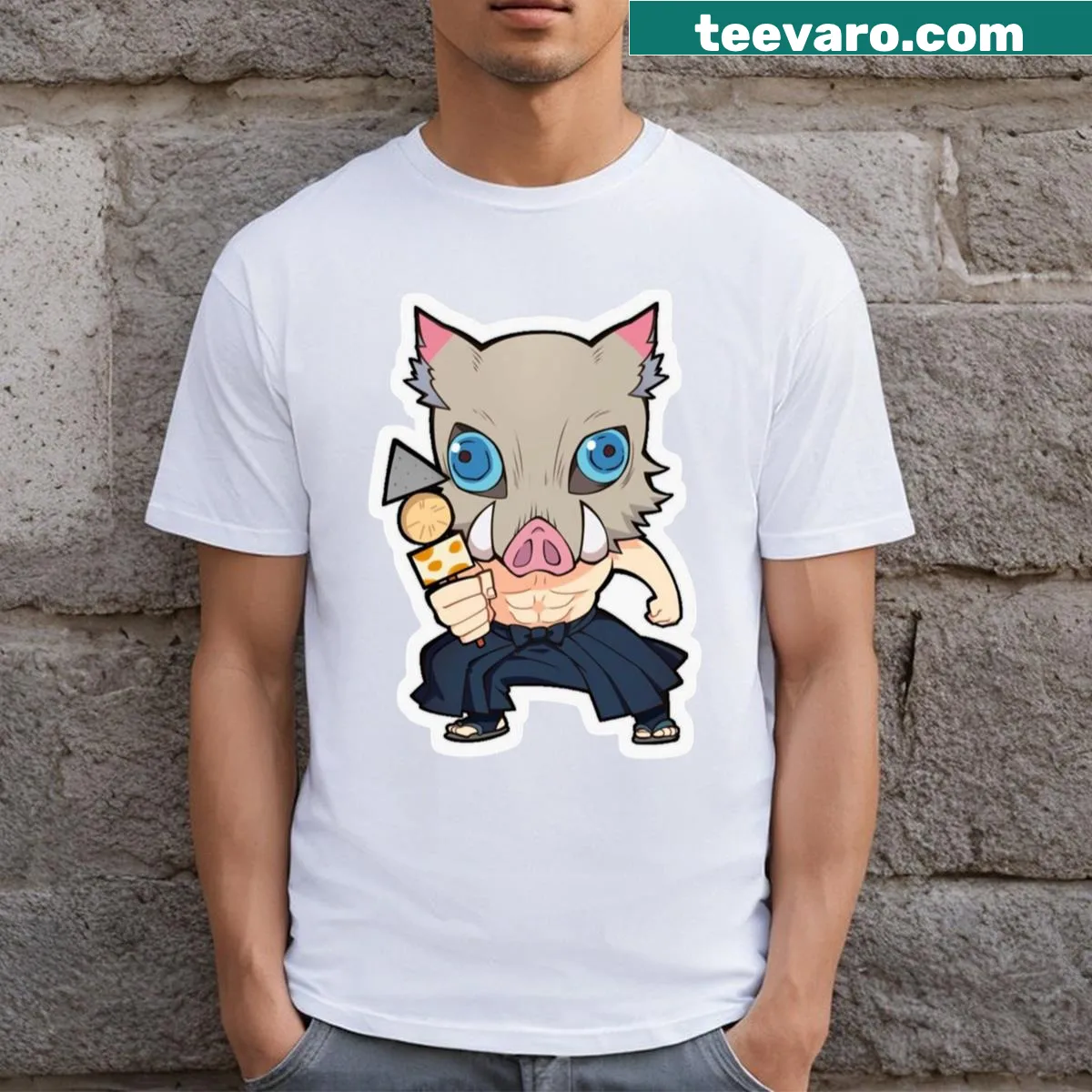 Cartoon Heshibira Inosuke t-shirt featuring his boar mask and fierce look — on a men's t-shirt