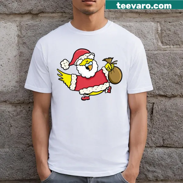 Cartoon budgie Santa Claus T-shirt ready to deliver millet