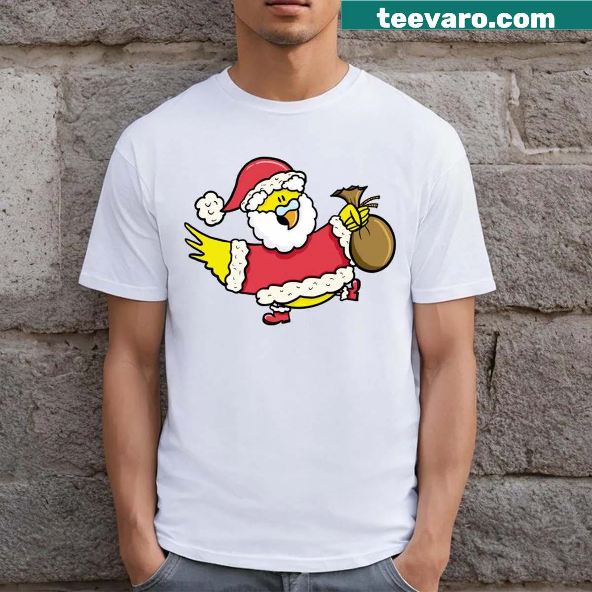 Cartoon budgie Santa Claus T-shirt ready to deliver millet — on a men's t-shirt