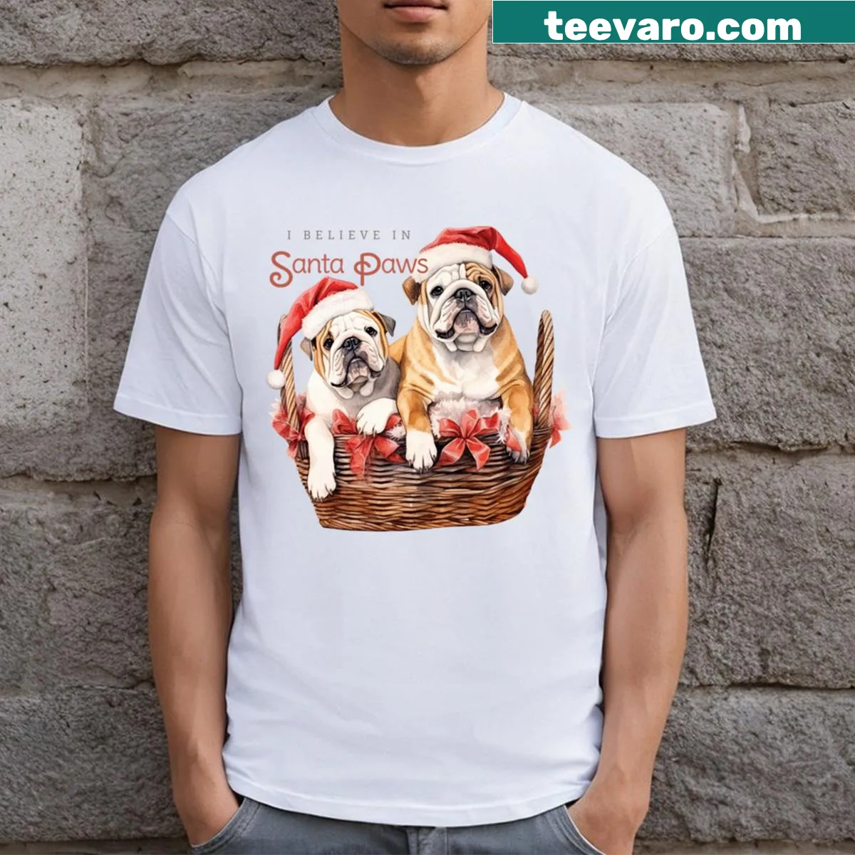 Whimsical graphic tee with 'I Believe In Santa Paws' text — on a men's t-shirt