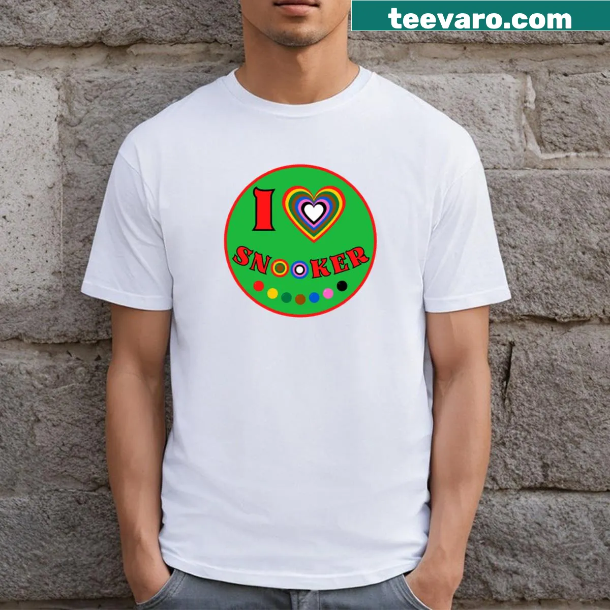 Illustrated T-shirt with heart and snooker balls design — on a men's t-shirt