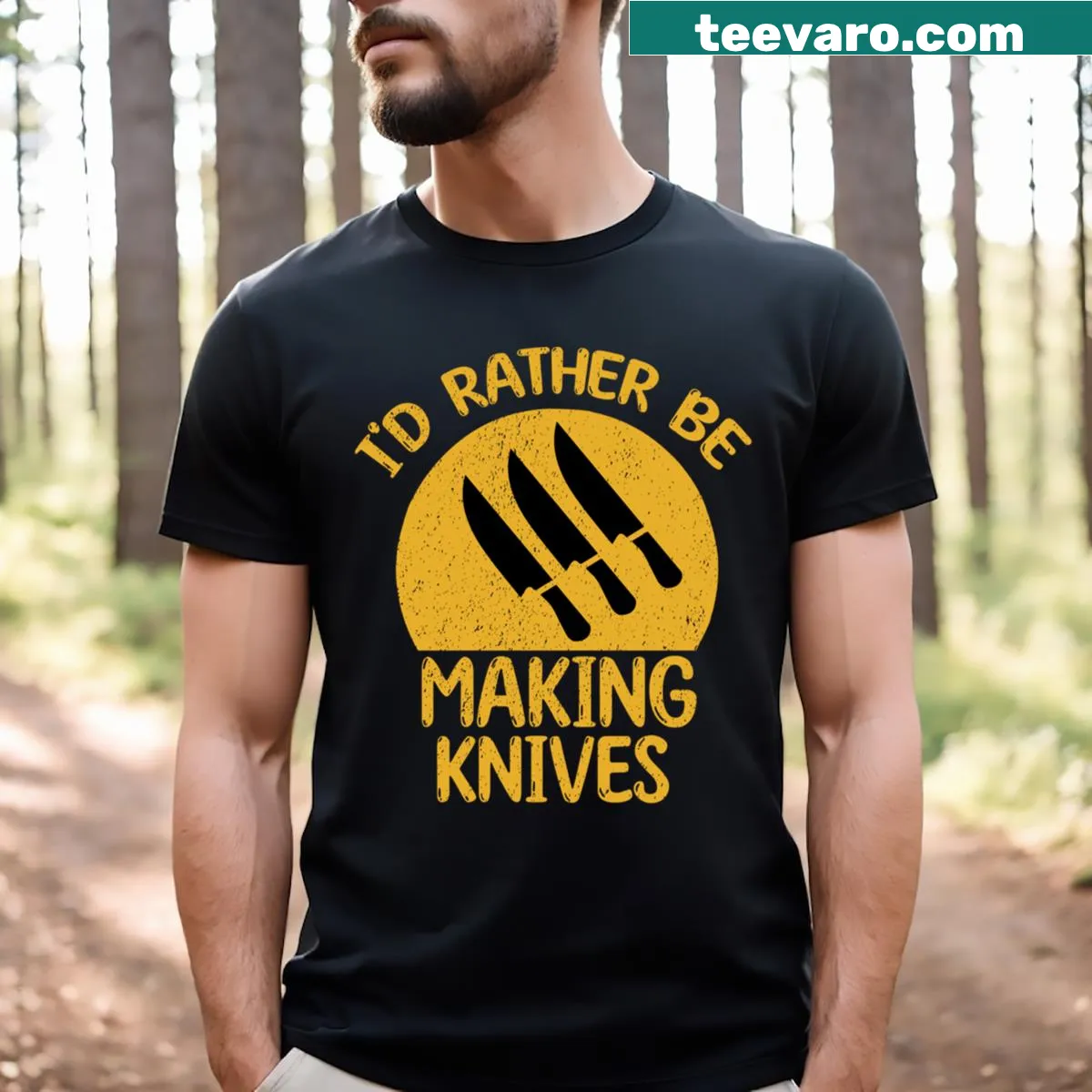 T-shirt with a bold phrase about making knives. — on a men's t-shirt