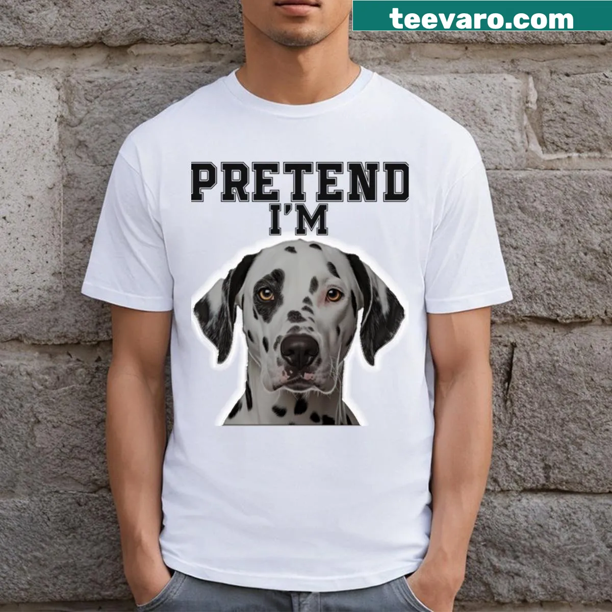 Cartoon Dalmatian graphic on a funny costume t-shirt for dog lovers — on a men's t-shirt
