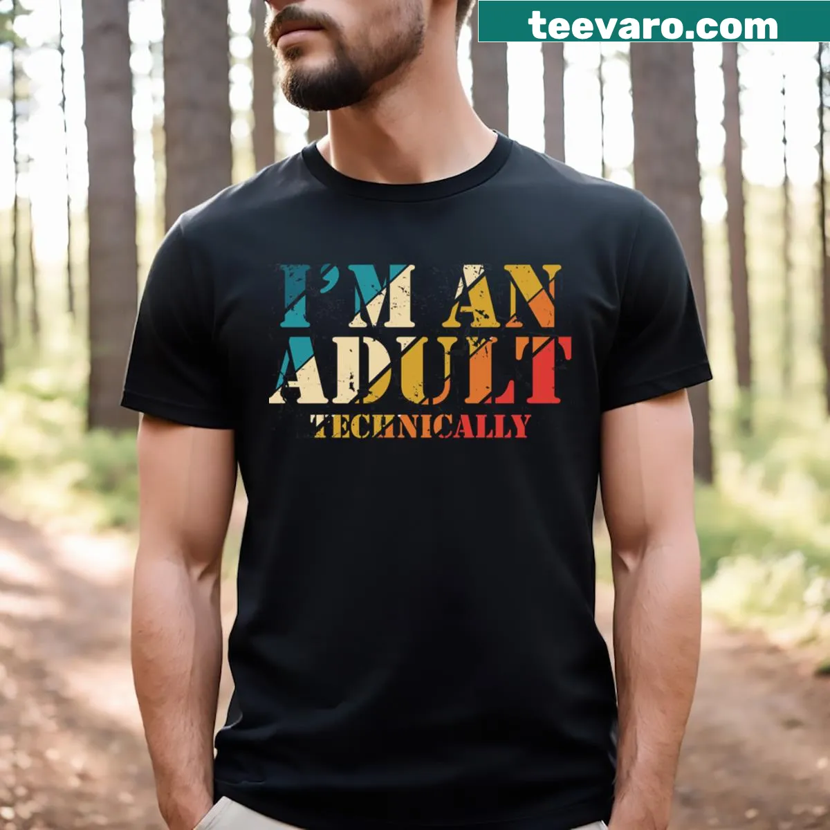 Funny 'I'm An Adult Technically' graphic t-shirt for 18th birthdays — on a men's t-shirt