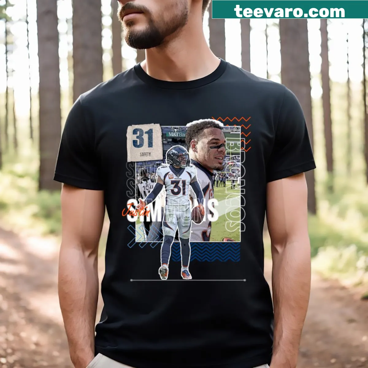 Minimalist silhouette of Justin Simmons on a T-shirt — on a men's t-shirt
