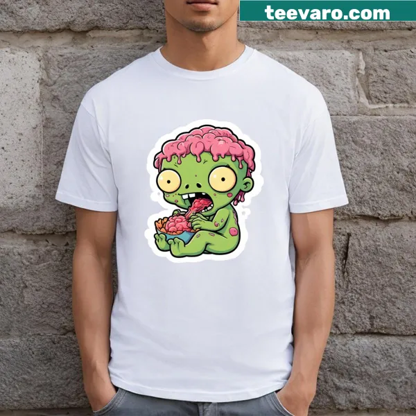 Kawaii Zombie holding a brain graphic on a funny t-shirt