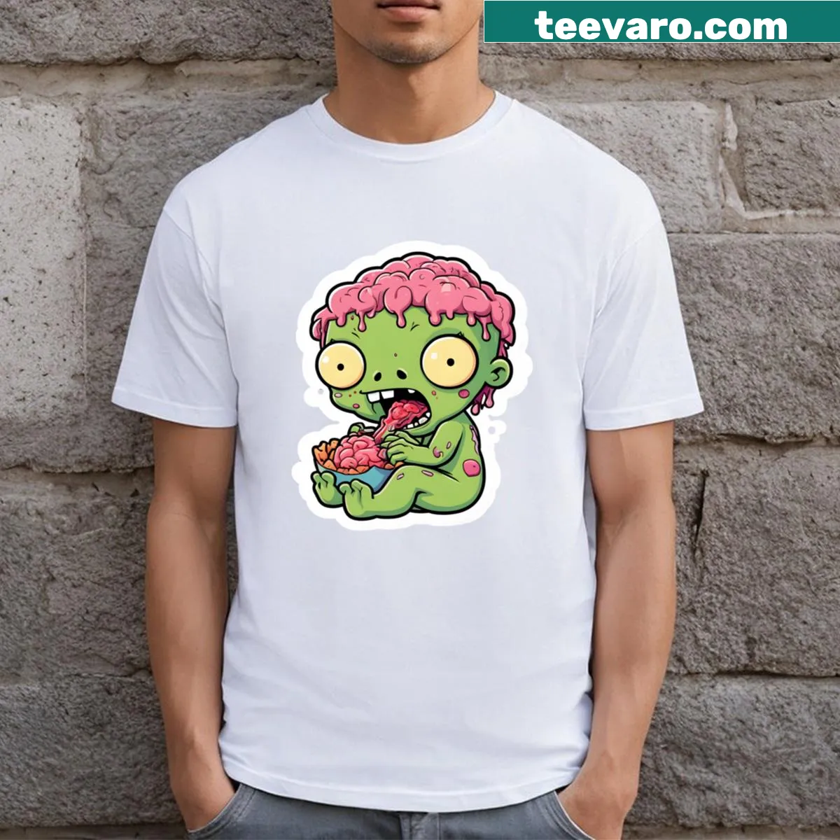Kawaii Zombie holding a brain graphic on a funny t-shirt — on a men's t-shirt