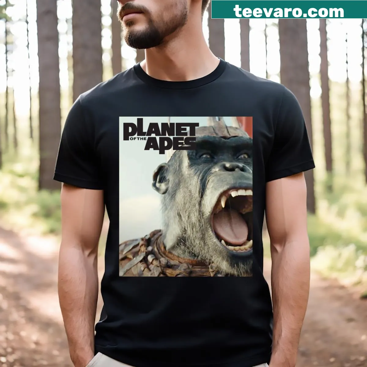 Illustrative t-shirt featuring Kingdom of the Planet of the Apes design — on a men's t-shirt