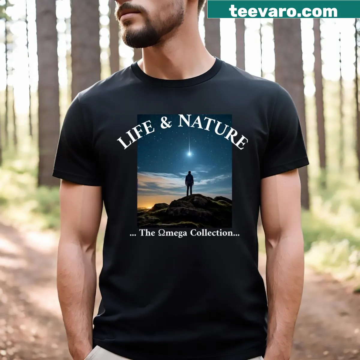 Artistic nature-themed shirt from The Omega Collection — on a men's t-shirt