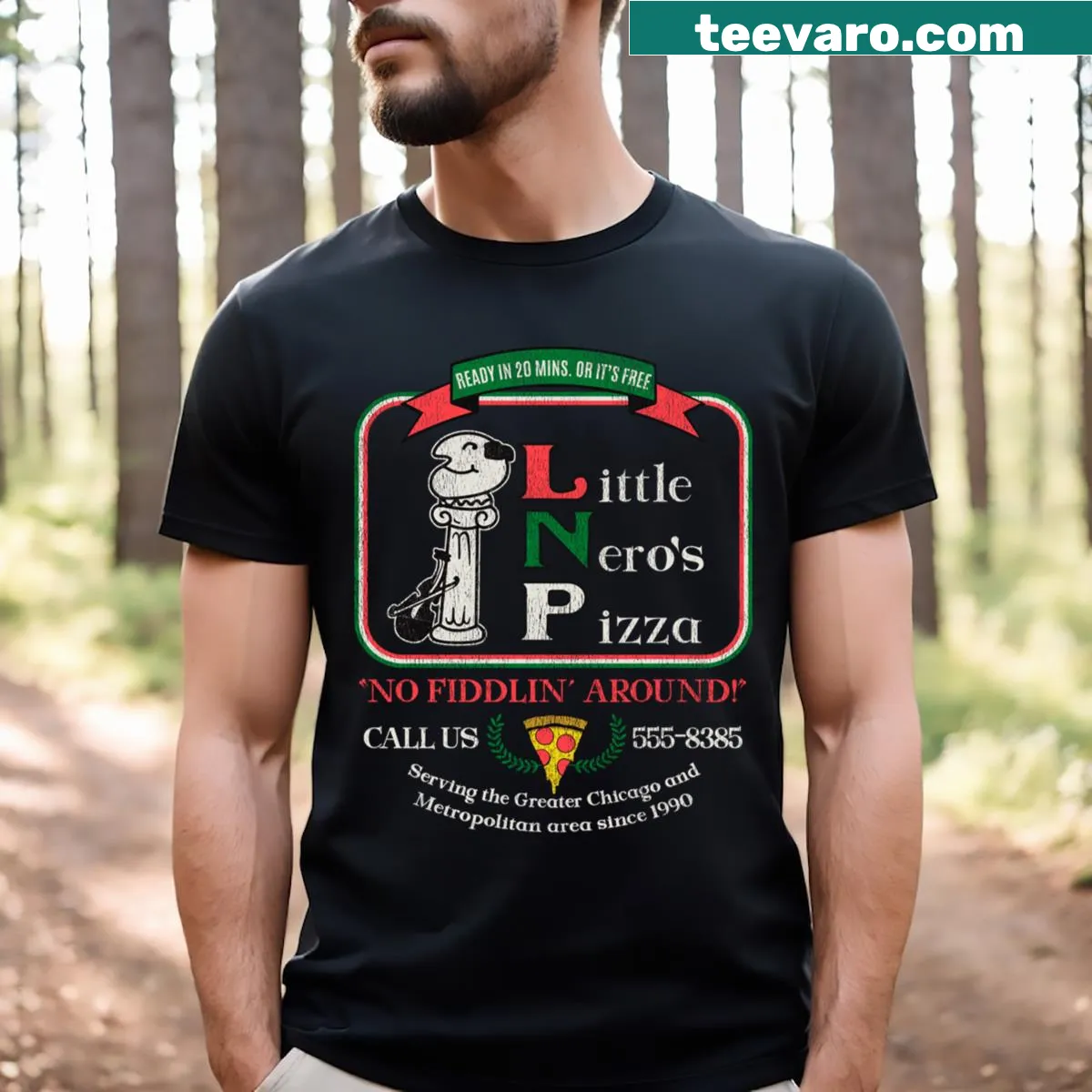 Cartoon Little Nero's Pizza shirt with playful design — on a men's t-shirt