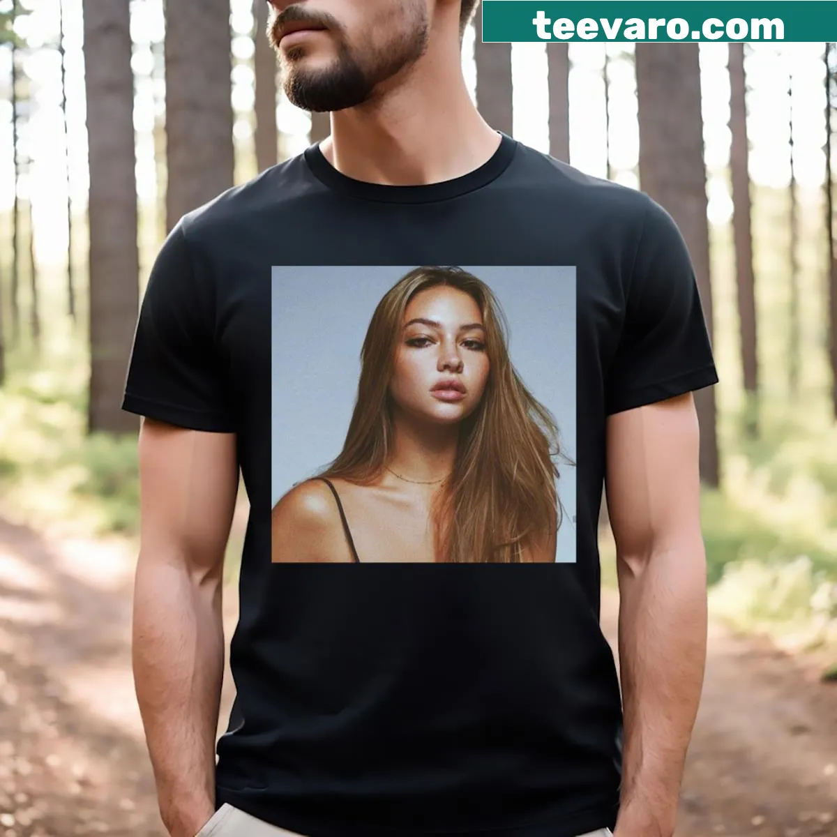 Stylish shirt featuring a poster of actress Madelyn Cline — on a men's t-shirt