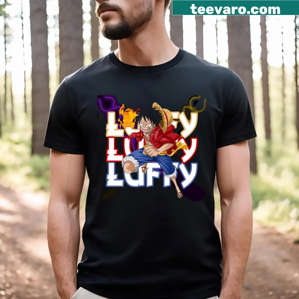 Cartoon T-shirt featuring Monkey D. Luffy from One Piece — on a men's t-shirt
